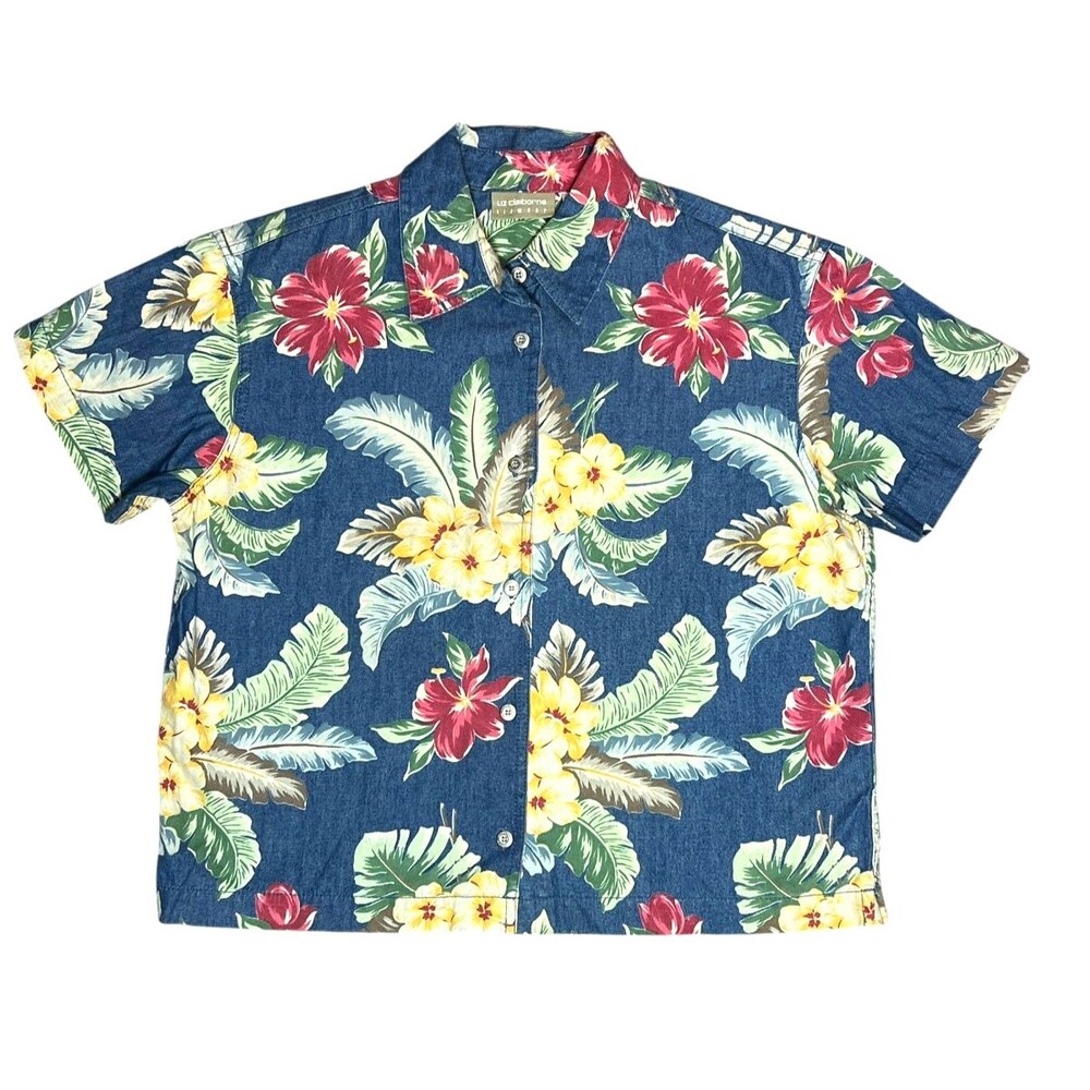 Liz Claiborne Lizwear Tropical Floral Cotton Hawaiian Shirt Womens Medium - Picture 2 of 7